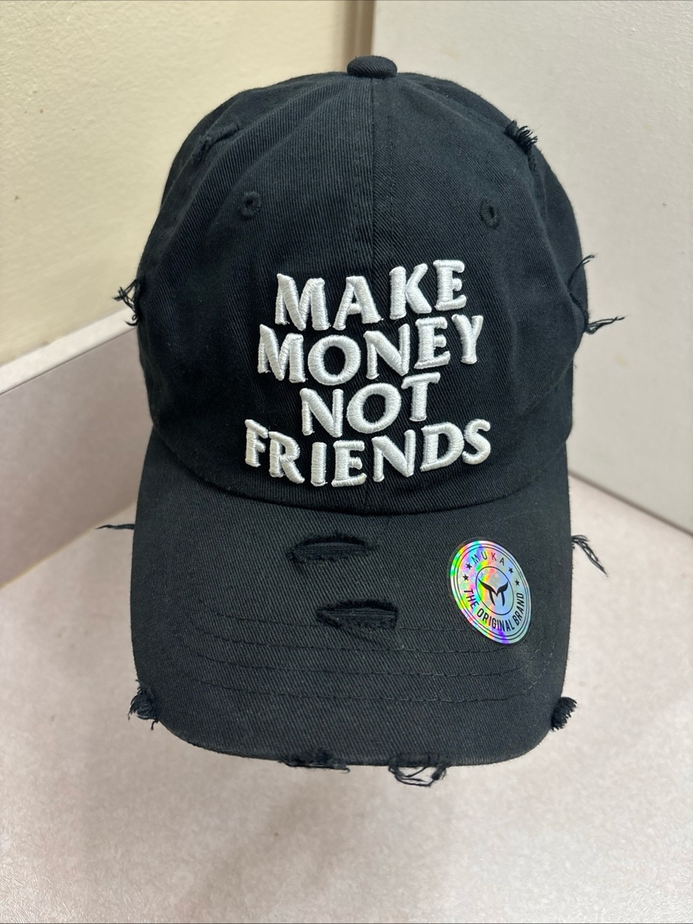 MU:KA Make Money Not Friends Adjustable Distressed Slouch Dad Hat Baseball Cap